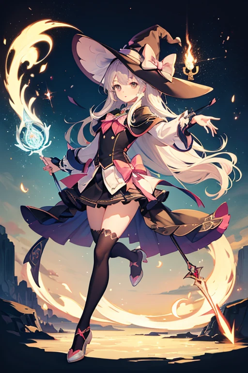 best quality, ultra-detailed, fighting witch, magic wand, lightning, fire, explosion, flash