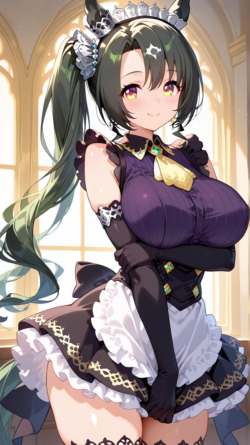 (Masterpiece: 1.5), (Best Quality: 1.5), Perfect Eyes, Perfect Face, Volumetric Lighting, 1 Woman, Mature Woman, (Whiteness: 5), fox ears, fox tail, dark brown hair, green eyes, sexy, enormous breasts, cleavage, sexy, thick tights, maid outfit, oily clothes,