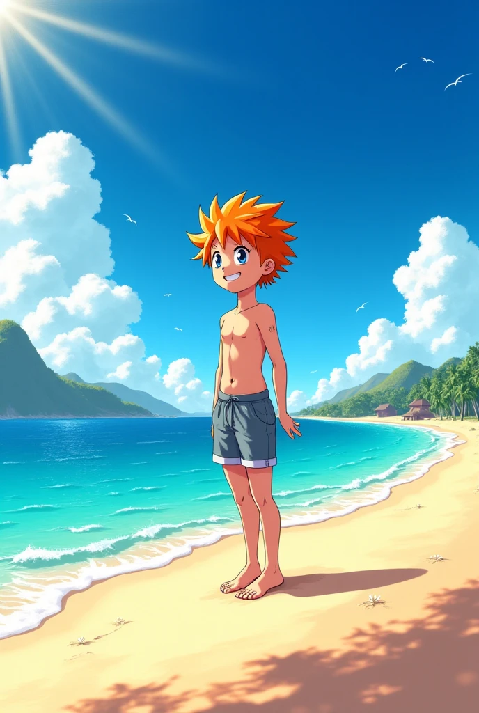 Style manga anime one piece, 1 boy, Red hair, name katsu, souriant, Background at the beach