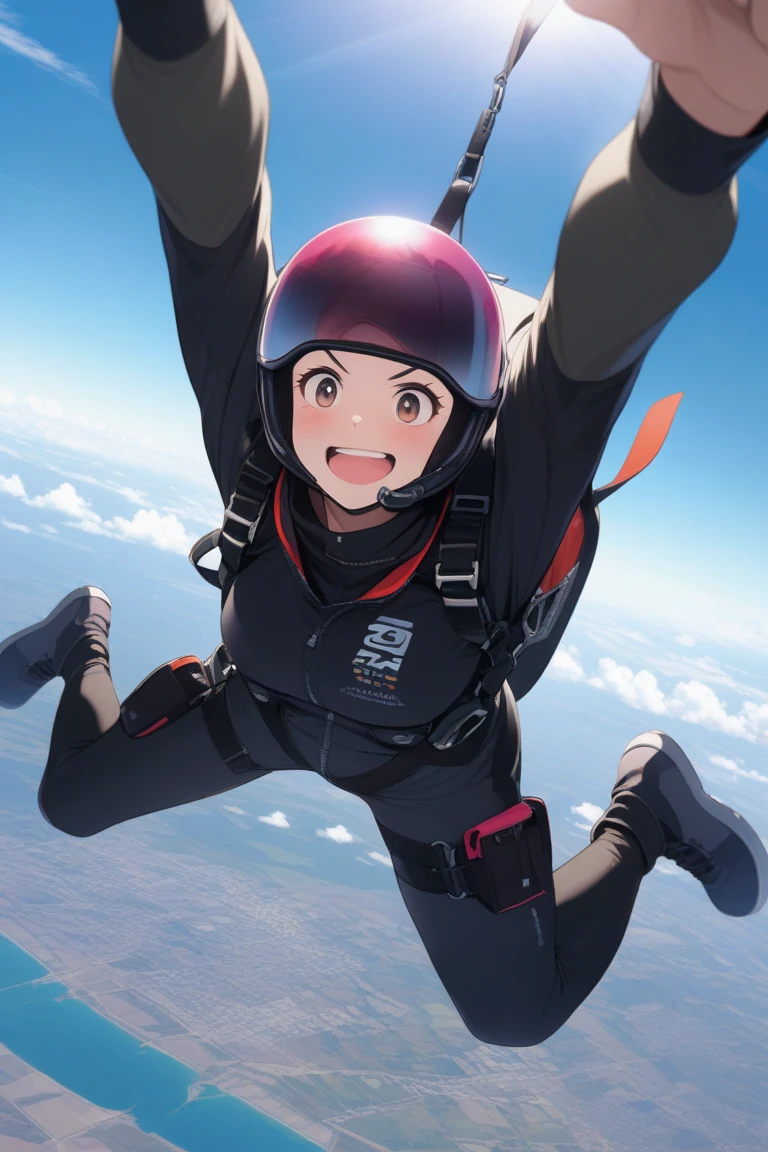 ighly detailed、Masterpiece、top-quality、Detailed writing、Cel animation style illustration、A highly detailed、Masterpiece illustration、Full body painting of a girl、Anime style with a girl falling from the sky、She、Based on black and white、Wearing a futuristic, tight-fitting bodysuit。Her head is completely covered by a clear green spacesuit helmet visor.、Inside the visor she wears a breathing gas mask。She has an orange parachute pack spread out on her back to help her fall.。Daytime blue sky