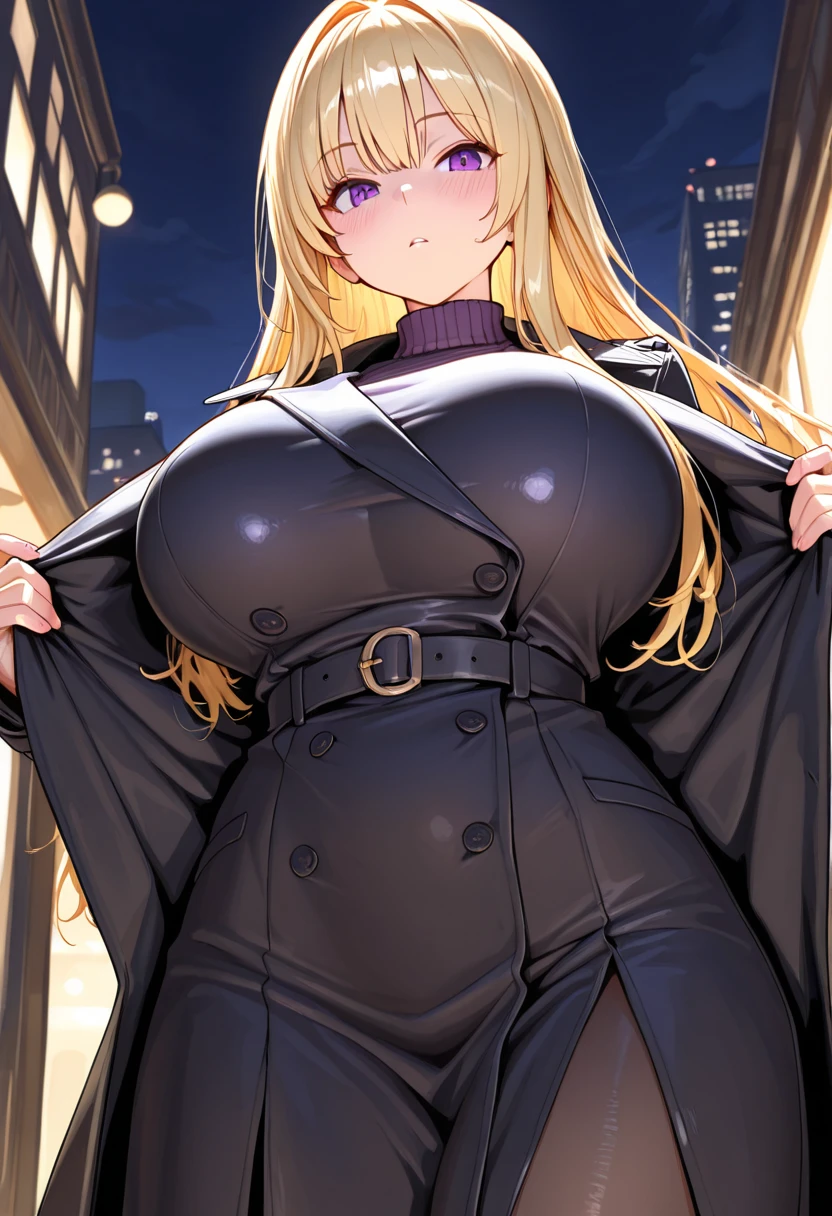 Shuz, (1woman, extreme quality, cg, detailed face+eyes, (bright colors), (anime), impact, (Voluptuous), time stop, beautiful jewels, long curly ash blonde hair, masterpiece, top tier, extravagant, 8k, unity wallpaper, unreal engine 5, ray tracing, 8k, cinematic, varied depth of field, octane render, elegant, tone mapping, hyper focus, Curvaceous, wide hips, huge thighs, (thin waist:1.4), (huge breasts:1.6), huge nipple bulging in clothes, covered nipples, pencil dress, dynamic lighting, cityscape, detailed dress, detailed background