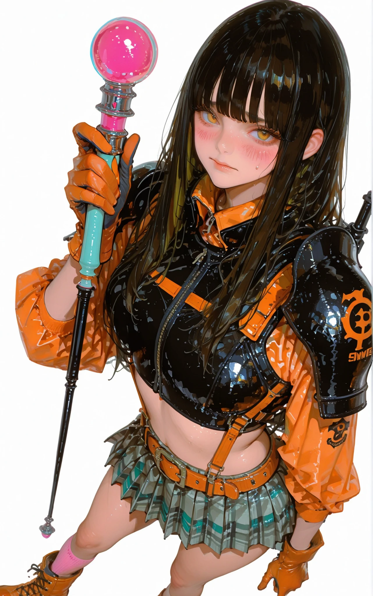 ARTSTYLE_OnePiece_MangaColored_ownwaifu、Getting ready to start running OnePiecestyle 、(Getting ready to start running OnePiecestyle :1.2)、solos、、Super Detailed、pastel colors that bring your face closerアート、white background、detailed illustration、detailed eyes、(black:1.2) My hair、hime cut、pastel colors that bring your face closer、pretty face、cute face、 (big :1.4)、embarrassed look、Female Soldier 、level 100、(orange) perforated fashion、(black ) leather bikini armor、(pink) high socks、(orange ) long boots、standing figure、cute posing、pleated skirt、(orange) suspenders、 thick belt、Portrait、Carefully illustrated、Big Smiles、(orange) gloves、Silver Accessory、best angle、magic wand on the hill、standing figure、full body