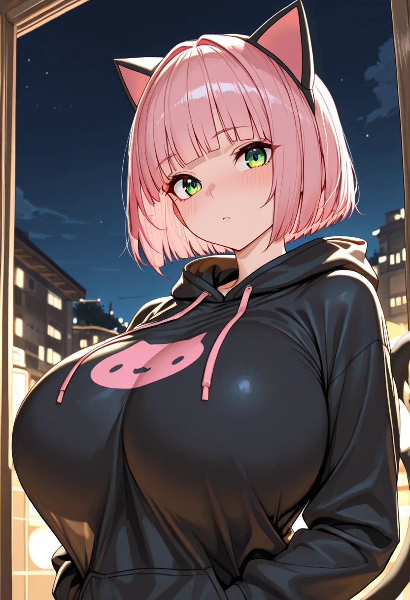 Huge breasts, huge thighs, blushing, Waving, naughty look, pink raincoat, raining, city, night, streets, front of the viewer, small short jeans, small black top