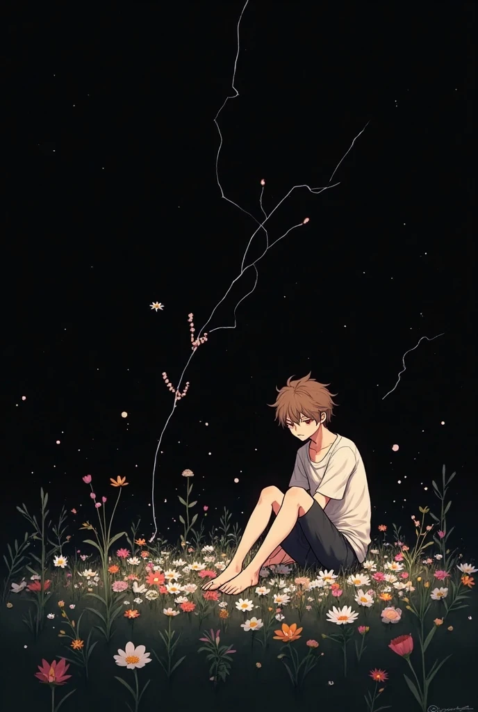 A beautiful cemetery at night with several stars in the sky, a field of fluorescent black roses can be seen and there is a ghost of a boy sitting on the grave, he is only in his underwear and there is a tree in the background, the image has to be in anime