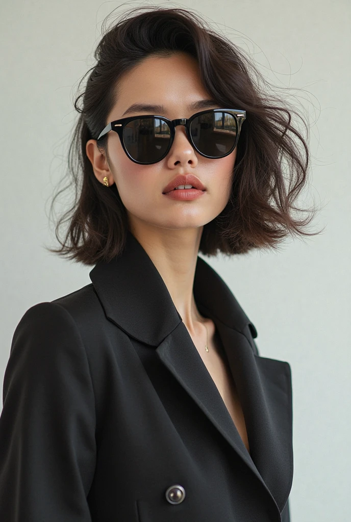 short hair woman,black color, with chasquillas, pálida y gafas de sol black color, formally dressed
