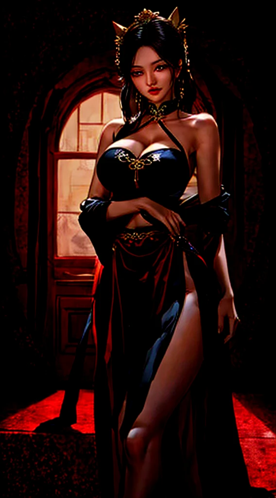 vampiress, slinky black dress, red panties, short crimson hair, black makeup, red lips, blue eyes, silver earrings, Gothic, dark fantasy, dramatic lighting, moody atmosphere, sensual, alluring, photorealistic, hyper detailed, 8K, cinematic, dramatic pose, chiaroscuro, dramatic shadows, intense colors, glowing skin, ethereal, elegant, glamorous,  ancient overgrown stone ruins