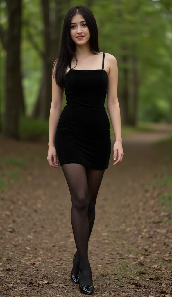 24 year old brunnete, perfect slim body, in a black elegant minidress and high heels posing in a park, cowboy shot, lady in pantyhose, massive legs towering over you, pantyhose tights