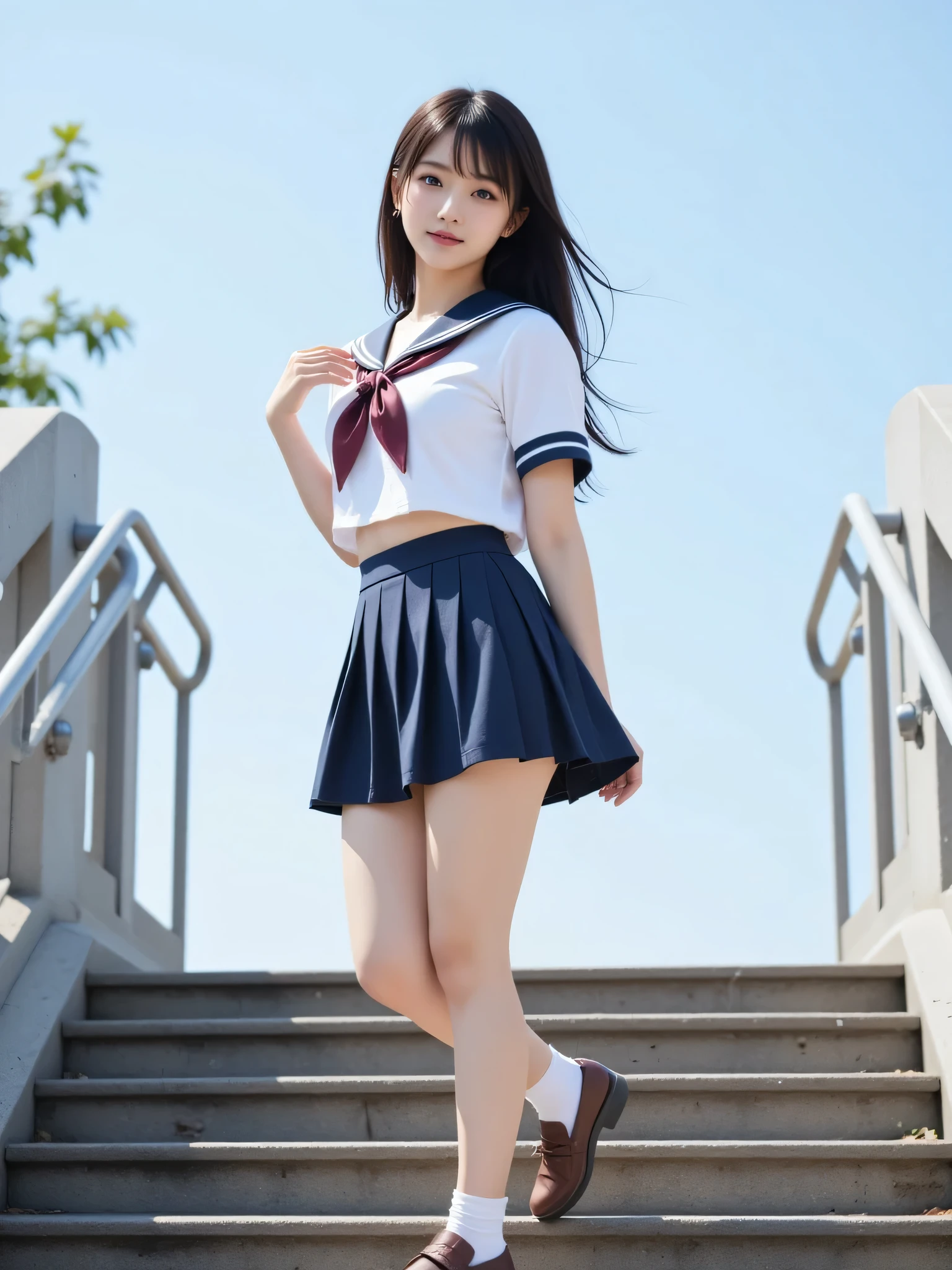 score_9, score_8_up, score_7_up, (masterpiece, best quality, absurdres, highres), ultra detailed, 1girl, solo, young sensual gravure idol, perfect face, beautiful Japanese girl's face, beautiful detailed face, pale skin, hyperrealistic, realistic glistening skin, detailed cloth texture, detailed hair texture, beautiful detailed eyes, ideal ratio body proportions, nice hands, perfect hands, slender fingers, five fingers on each hand, small breasts, straight black low twintails tied below the ears with brown hair ties:1.3, bangs, petite stature:1.3, wearing a Japanese school uniform with a short navy pleated skirt, white blouse with a simple sailor collar, white knee-high socks, black loafers, bare thighs, with a bare face, no makeup, showcasing natural beauty, ascending an outdoor school courtyard staircase, leaning forward:1.3, watching her back from behind:1.3, low angle, blush from the summer heat, (seductive smile:1.0), (seductive posing:1.2), hair flowing in a warm breeze, in background: traditional Japanese school courtyard with stone steps, bright summer sunlight streaming down, a few sunflowers subtly blooming in the distance, subtle cicada sounds, cinematic lighting with soft focus and lens flares, vivid colors, depth of field, ultra-detailed, 16K resolution, high-quality, warm, vibrant, and summery atmosphere