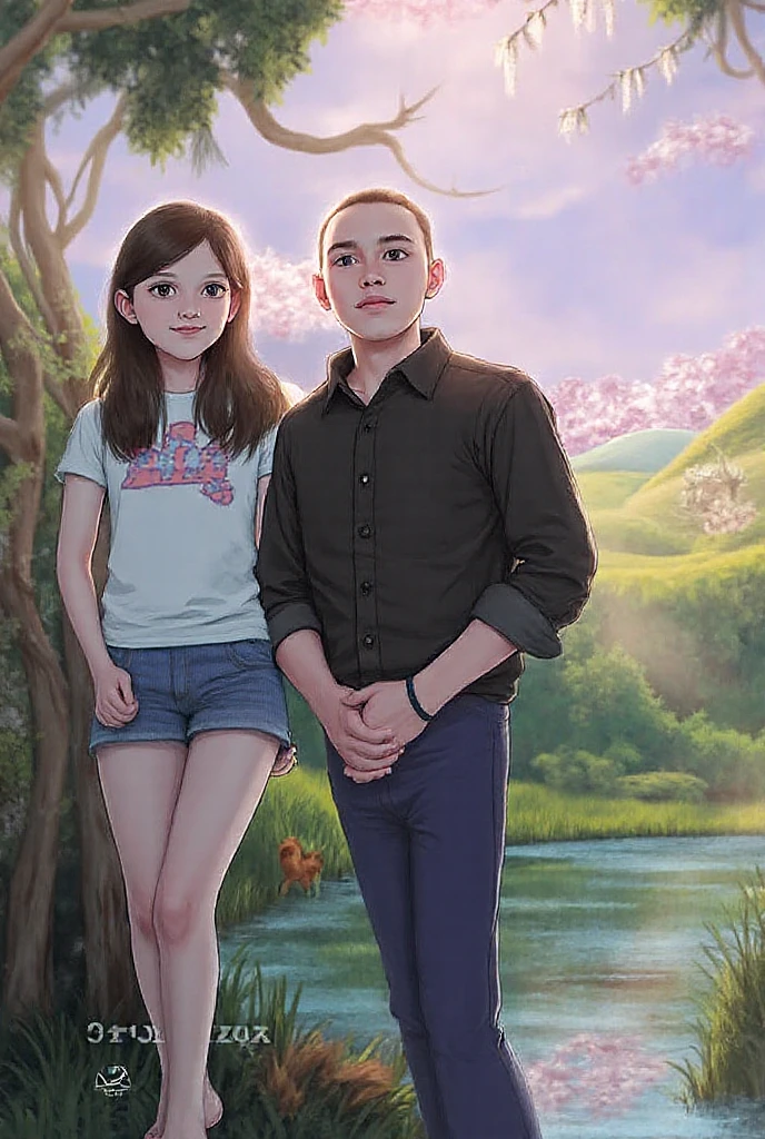 Painting of two smiling teenagers, heads turned towards each other, looking at each other, a young 18-year-old blonde girl and a 20-year-old boy with brown hair, cheerful, happy, gazing at each other with a sense of fraternity and love. The boy is playing a guitar in a forest. It is a 3D drawing of friends, created by Craig Davison and Elaine Hamilton. There is also a small viola being played by Orshi Drozdik, in the style of the animated film Shrek. The artwork is still in the form of an animated 3D film, similar to Disney Pixar's charming digital painting by Eugeniusz Zak. It is a cute and adorable piece of art by Nándor Katona, a masterpiece of high quality. --auto --s2