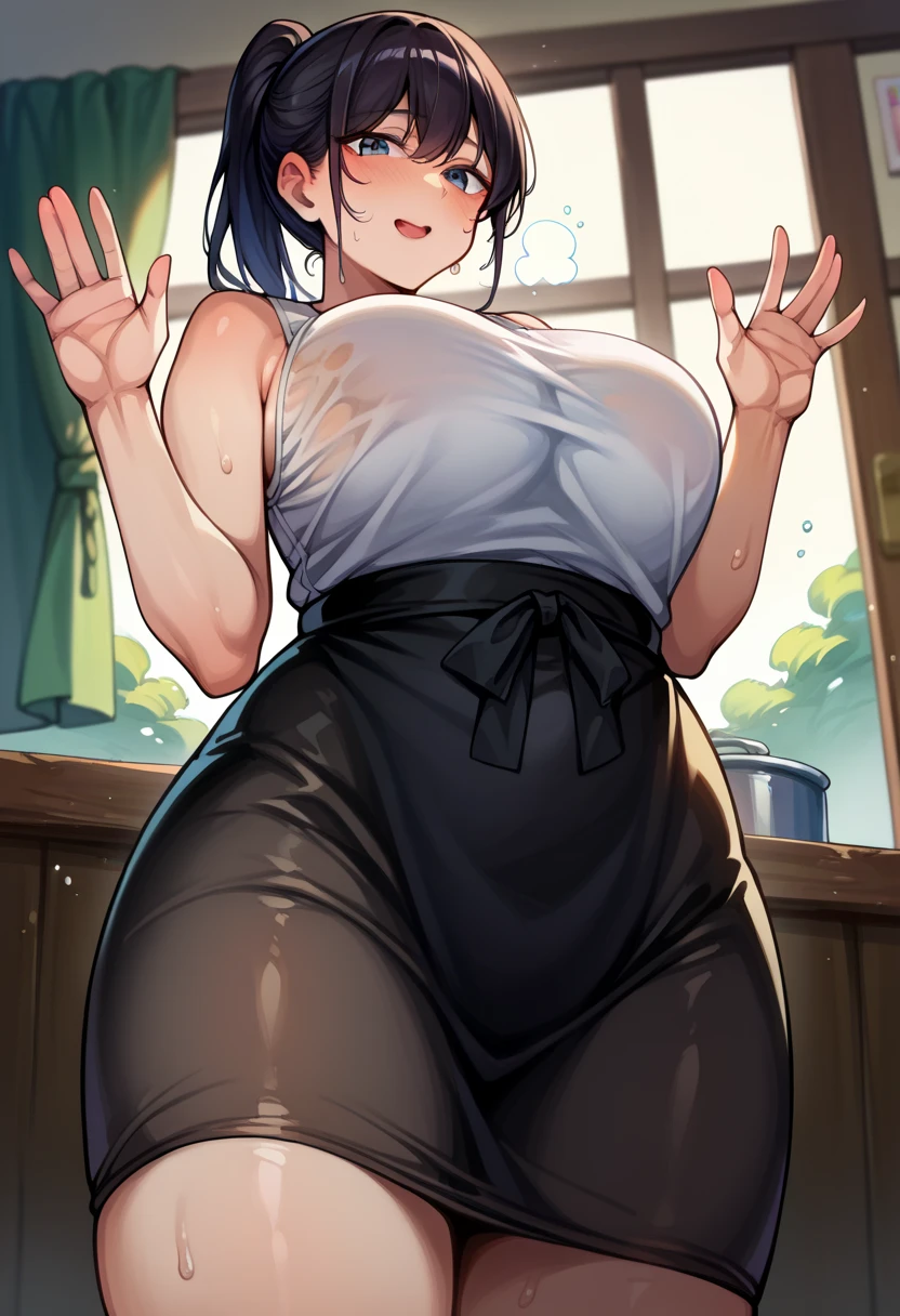 Humaira Arlita Huda, masterpiece, best quality, extremely detailed, anime, belly, , armpit, thigh, peeing, drooling, sweating, seduced, hypnotized, milk, touched, enjoyed, black eyes, black hair, hijab, short, squint eyes
