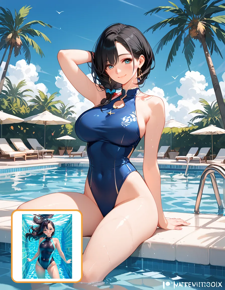 1girl、highest quality、Masterpiece、Official Art、The best composition、Character Design、vtuber-fullbody、Standing in front of the viewer、upright、short hair、dark blue bikini、barefoot、Smaller breasts、1 girl、Wear nothing but a bikini