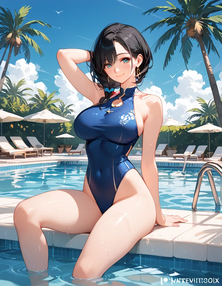 Realistic、Face reality、With a girl、Swimwear、Sexy smile、My breasts have gotten a little bigger、Sexy pose、From the front it looks like a one-piece, but from the back it looks like a mono bikini、