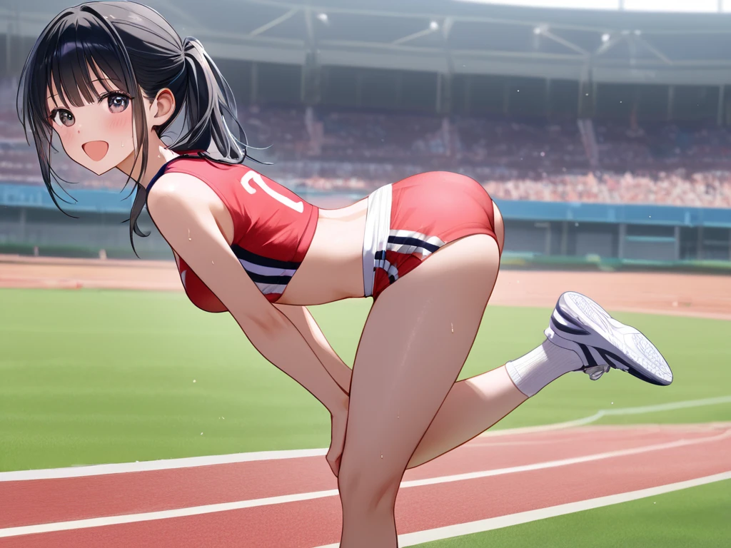 Girl's cheerleader, male , school cap, red sash, in the stadium stands, black , sweat, whole body moving, dynamic movement, hard-working expression, masterpiece, looking at the viewer