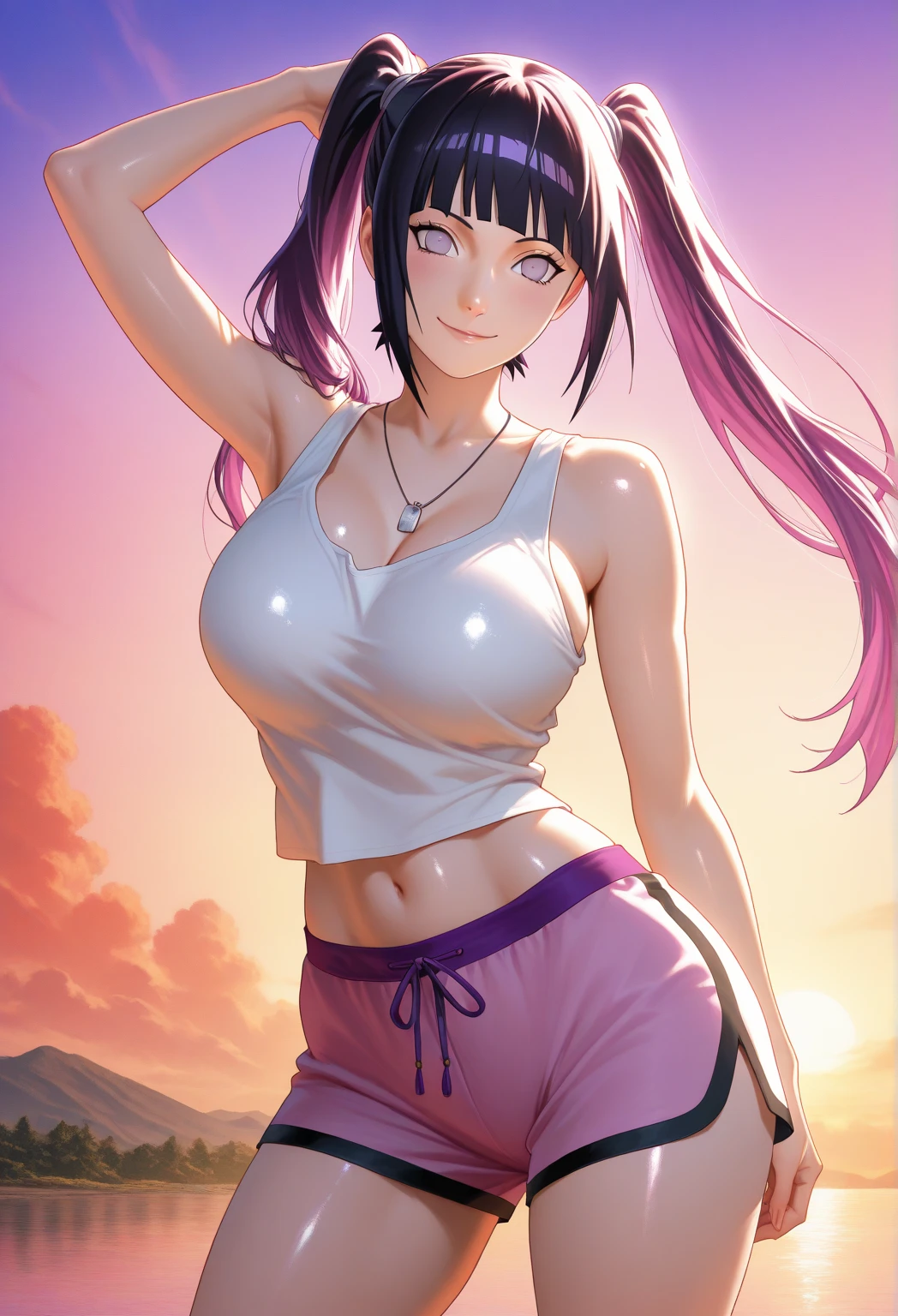 (1girl:1.3, cute, blue printed latex tight leggings, huge boobs, cleavage, pink printed croptop, long multicolor black hair, outdoors, HD hair, anime style, a manga drawing, (pastel colors:1.2), aestheticism), fluid, by Jackson Pollock, detailed skin texture, falling leaves, clouds, day, night, big eyes, seductive smile, (goosebumps:0.5, blush:0.5), subsurface scattering, (masterpiece, top quality, best quality, official art, beautiful and aesthetic:1.2), extreme detailed, colorful, highest detailed, cameltoe:1.4