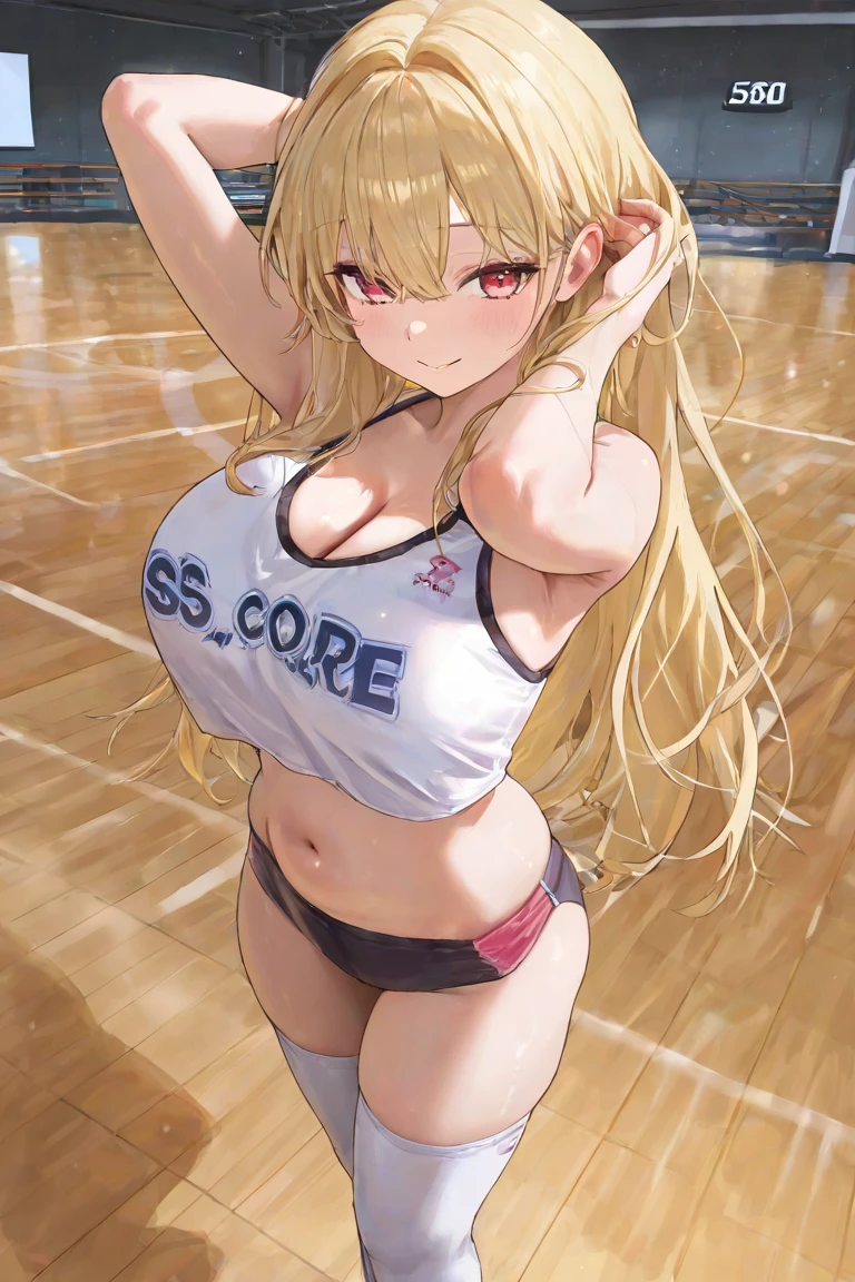 Young woman volleyball player, blonde, gray eyes, big hips and thighs, small breasts. 