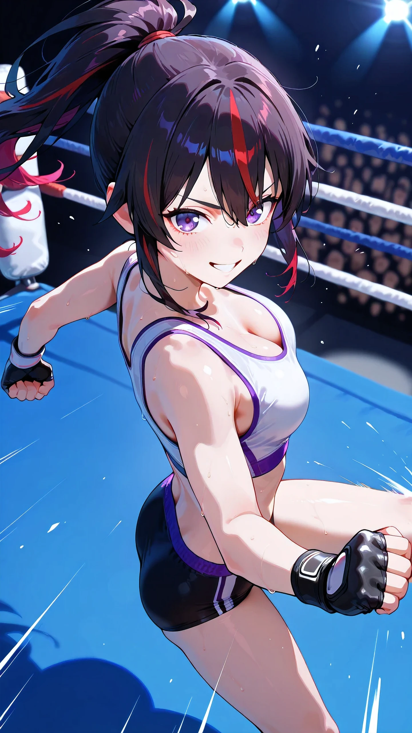 Small breasts. Cute Japanese high school girl with short cut black hair. She stands in a mixed martial arts ring. The referee is lifting her up by one arm. She is happy to win the match. Very sweaty, slender body, small breasts, sports bra, bikini pants, open finger gloves.