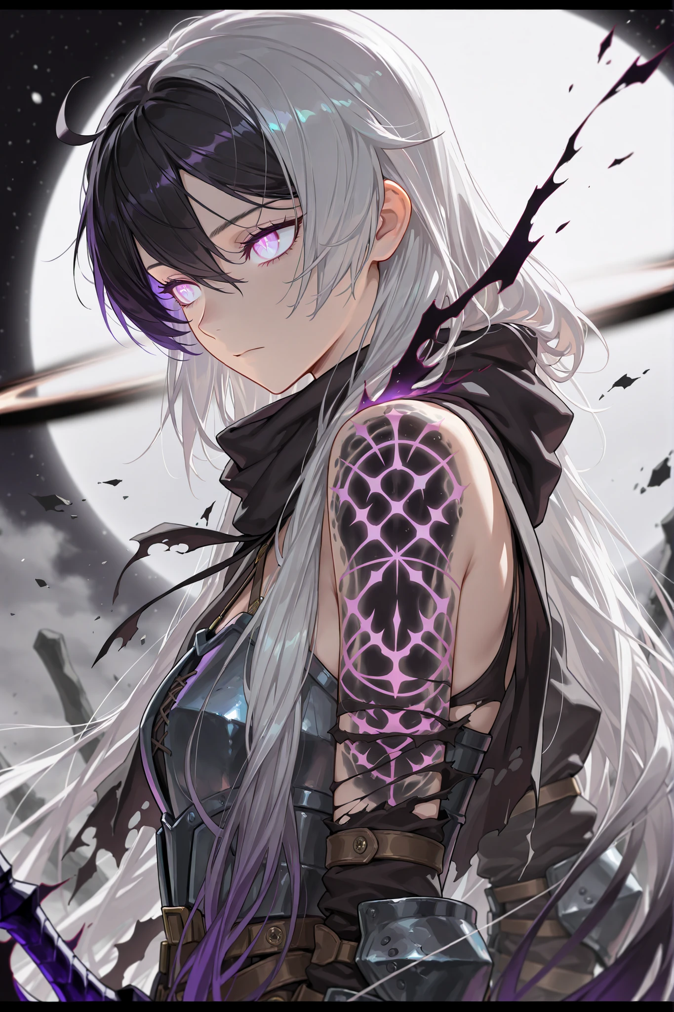 style of [arknights|(748cmstyle:0.5)], deep abyss, dark abyss, cosmic abyss, cinematic shot, mature, young adult, masterpiece, best quality, amazing quality, very aesthetic, high resolution, ultra-detailed, absurdres,
1girl, woman, solo, alone, (from the side:0.12),(upper body focus, close up, medium shot:1.2), (wraith:1.44), cosmic eyes, kiana kaslana, halterneck dress, armored dress, broken clothes, torn clothes, flame, burning clothes, very long hair, (KianaHi3, Fol005, Kia_Hof:0.32), black hole, void powers, void magic, black hole magic, broken damaged templar, Goth girl, purple void lightning aura magic, wielding elven curved heavy saber, saber, runic sword, runic armor, tattoo, glowing tattoos, white hair, black hair, purple hair, (gradient hair, multi tone hair, multicolored hair:1.4), tsurime, focus, galaxy eyes, purple tattoo, glowing tattoo, Dark Souls, expressionless, concealed face, novuschroma79 style, glitch art photo
BREAK, depth of field, volumetric lighting
 