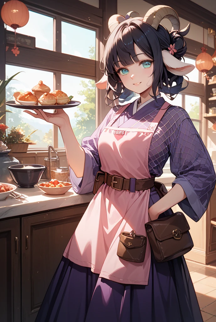 Kujou Sara|Genshin Impact, (best quality,8ก,Masterpiece), Girl with black hair and blue eyes, Wear a bakery uniform, Work in a traditional Japanese bakery to prepare traditional desserts., sparkling eyes, happiness.