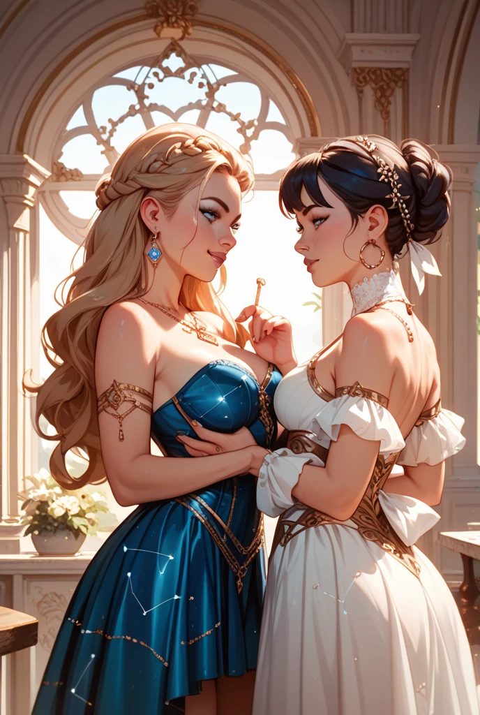 There are two of them: a mature noble lady and a young and beautiful princess.,(Highest quality,Extremely detailed depiction,Incredible high resolution,Anatomically accurate depiction,Curvy Legs,Nice hands,Perfect Fingers),(Glowing Skin,Oilskin),(A complex and elegant dress,Luxury accessories,Earrings,necklace,Bracelet,),eyelash,(Glowing purple eyes,Half-closed eyes:1.3,Large Breasts,Happy smiling princess,A noble woman with a bewitching smile,Glossy Red Lips,A noble woman is embracing a princess from behind:1.5,),whole body,High-quality anime art,