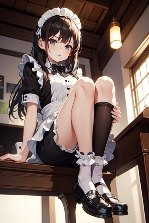 One girl, Natural light, masterpiece, Very detailed, figure, Game CG, Absurd, high quality, Medium chest, Black, Lightly curled twin-tail hair, Glossy Lips, Looking down at the viewer, Lips parted, blouse with white frills, short black pleated mini skirt, Sitting, (Crossing your legs:1.5)