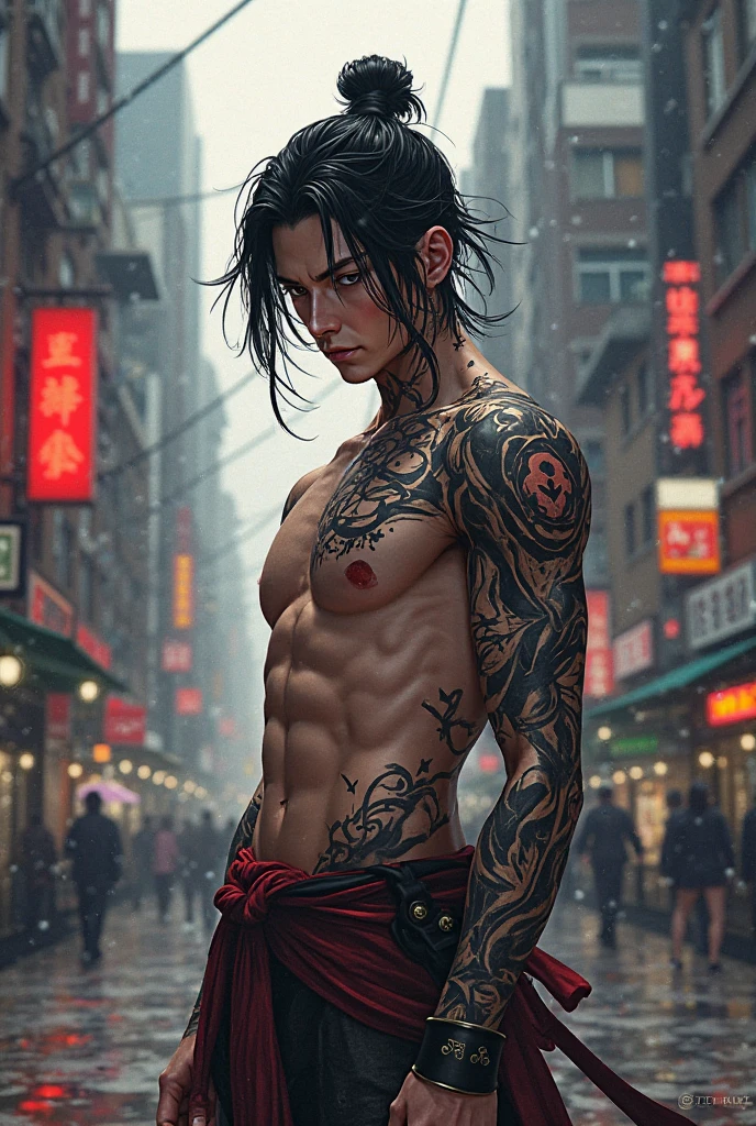 Natsuki Subaru from Re:Zero with Yakuza tattoos all over his body along with scars, while in an MMA fighting stance.