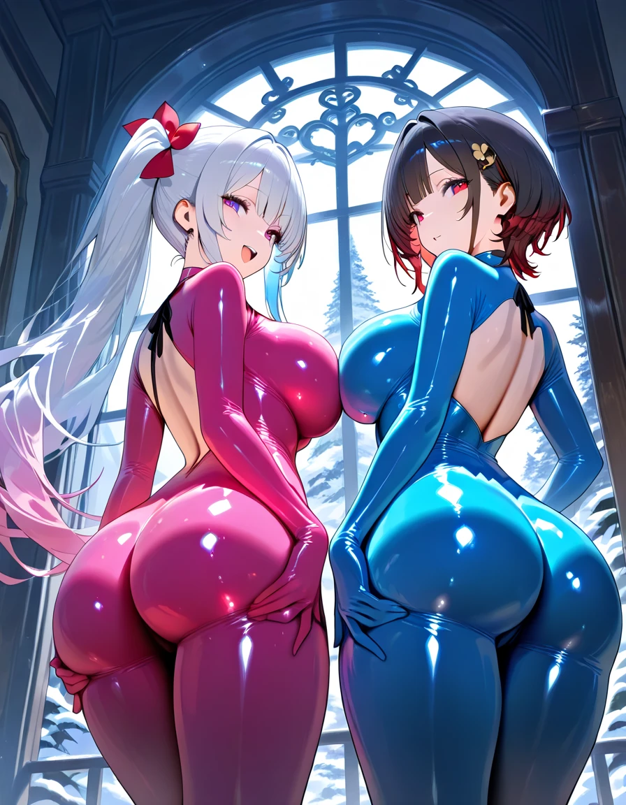 2girls, nishikigi chisato, inoue takina, lycoris recoil, couple, perfect anatomy, symmetry, sukumizu, school swimsuit, thighhighs, huge breasts, looking at viewer, shy, blush, masterpiece, best quality, very aesthetic, absurdres, anime,
