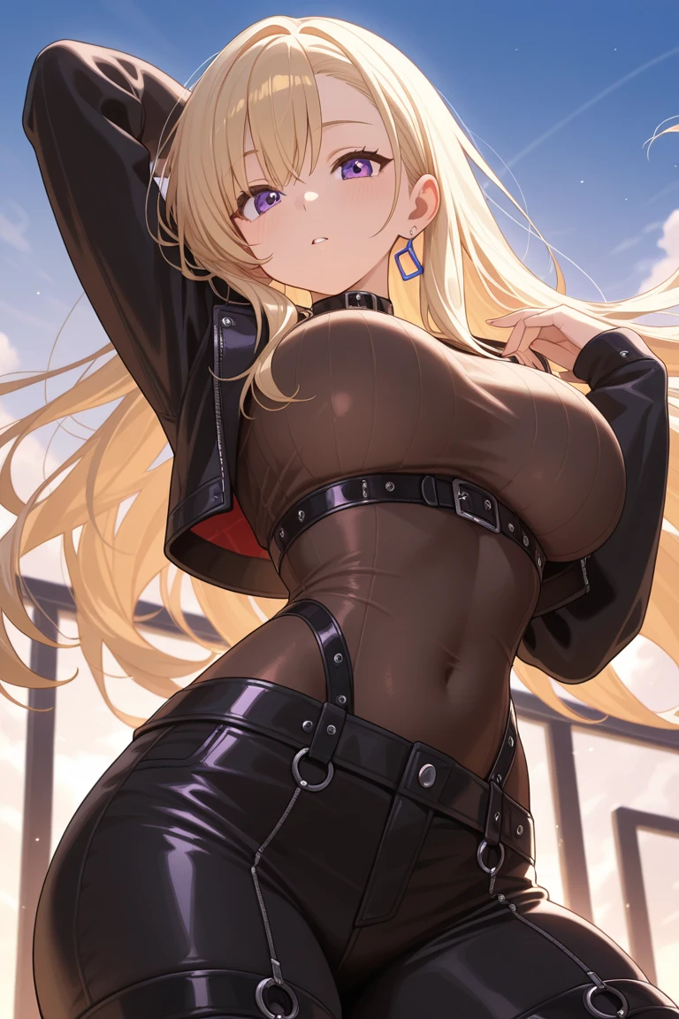 blonde teen girl, beautiful face, with big round breasts and a big perfect butt, wearing a black leather top with a black mini skirt, exposing the black thong she has on