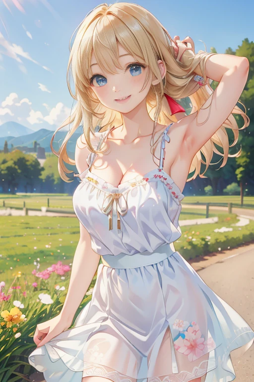 A woman, large breasts, shoulders, bare stomach, strapless blue bra, blue skirt, necklace, red flower pin, sunset, outside, flower field, smile, blond hair, blue eyes.