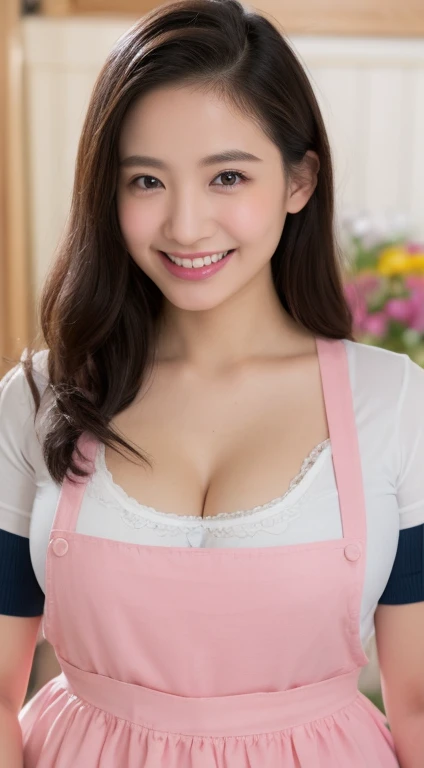 masutepiece, Best Quality,  Ultra-detailed, finely detail, hight resolution, 8K Wallpaper, Perfect dynamic composition, Beautiful detailed eyes,Wear only a small area lace apron,Long hair, Big breasts, Natural Color Lip, Random and sexy poses,Smile,kitchin、Looking at the camera、20 years girl、
