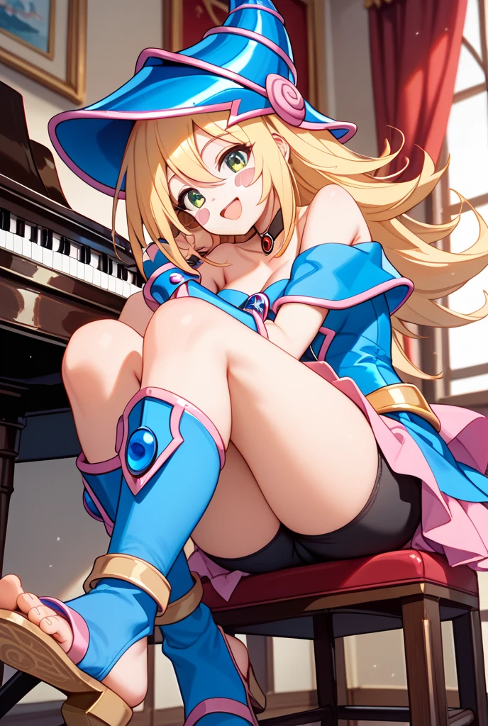 a anime style woman laying in a golden dress on a couch in front of a window, 1girl, breasts, solo, dress, gloves, thighhighs, china dress, elbow gloves, large breasts, jewelry, earrings, white thighhighs, chinese clothes, long hair, sitting, white gloves, blue dress, clothing cutout, cleavage cutout, looking at viewer, cleavage, spread legs, underwear, high heels,Ichigo Hoshimiya (Aikatsu!),