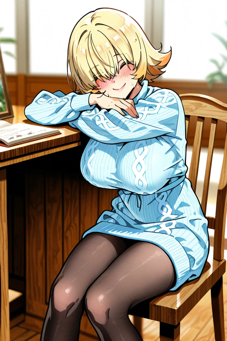beautiful tall woman, beautiful face, from below, pov, medium bob cut blonde hair, light blue eyes, two points glasses, medium breasts, blue denim jacket, white dress shirt, white long pleats skirt, She's catching us with both arms, outstretched both arms, cowgirl position, lustful smiling with breath, my room, pastel 2d art, matte painting, anime, masterpiece 