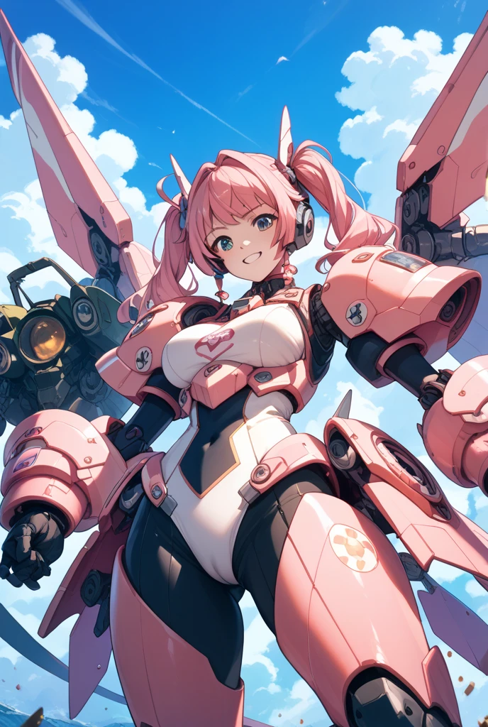 score_9, score_8_up, score_7_up, source_anime, masterpiece, best quality, high resolution, extremely detailed CG, absurdres, 1girl, a girl in mecha bunny_suit jumps high in the air, mecha_bunny_ears, fake animal ears, mecha armor,happy, kawaii, sky, jump, fishnet_thighhighs, large_breasts, holding weapon