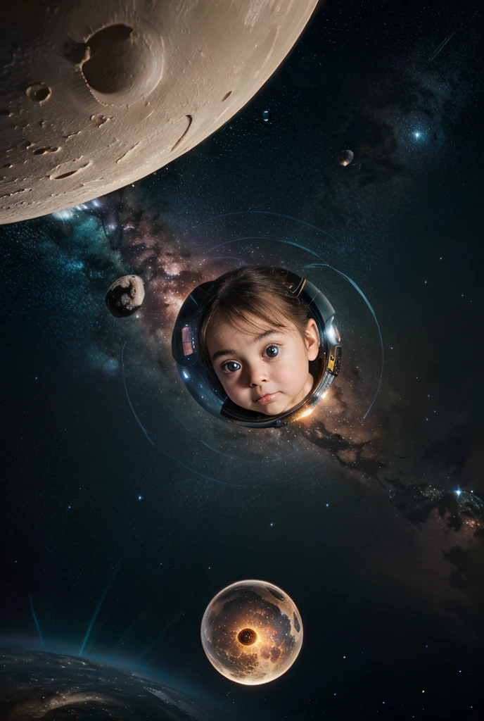 Child girl WITH SMOOTH DARK HAIR, petroleum blue BACKGROUND, a crystal ball in her hands.