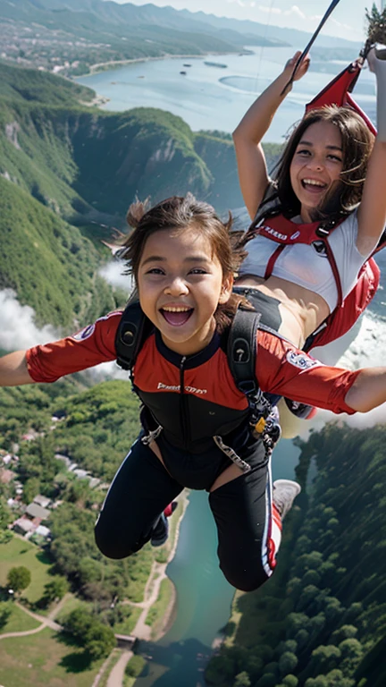 Solo, 1 child, girl, , free fall, aeroplane, wearing helmet, google, parachute bag, Happy, laughing,