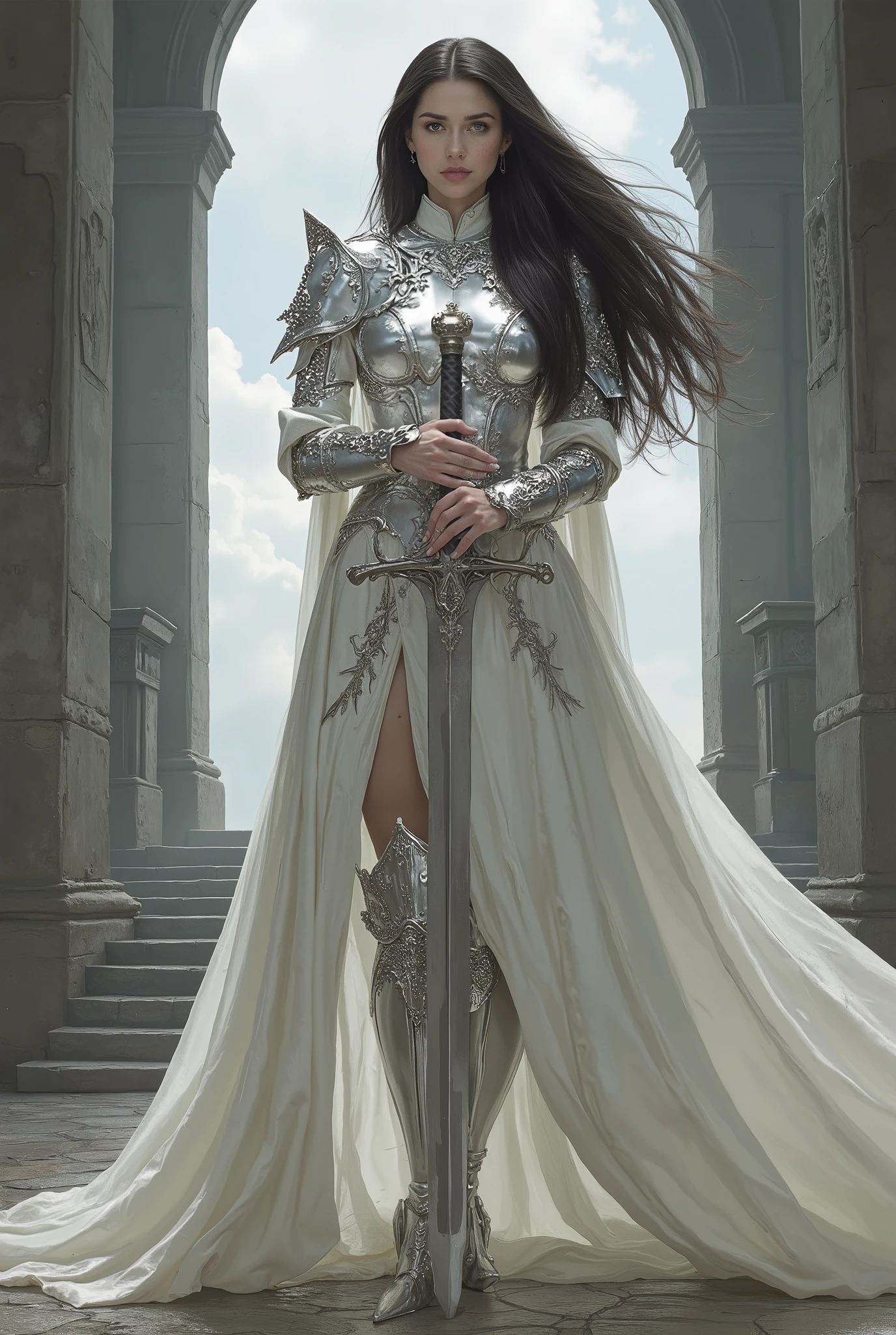 A majestic and muscular female knight standing tall at 180cm, with a statuesque, athletic build and commanding presence — wearing radiant pearl-white full plate armor with elegant silver filigree and subtle iridescent sheen, her long dark hair flowing behind her in the wind, piercing eyes filled with strength and compassion, her armor reflecting soft ambient light, standing on a stone battlefield or holy temple steps, a massive sword resting at her side, cape fluttering behind her, inspired by heroic fantasy realism and female warrior iconography, high-detail character portrait, painterly textures, powerful and noble presence