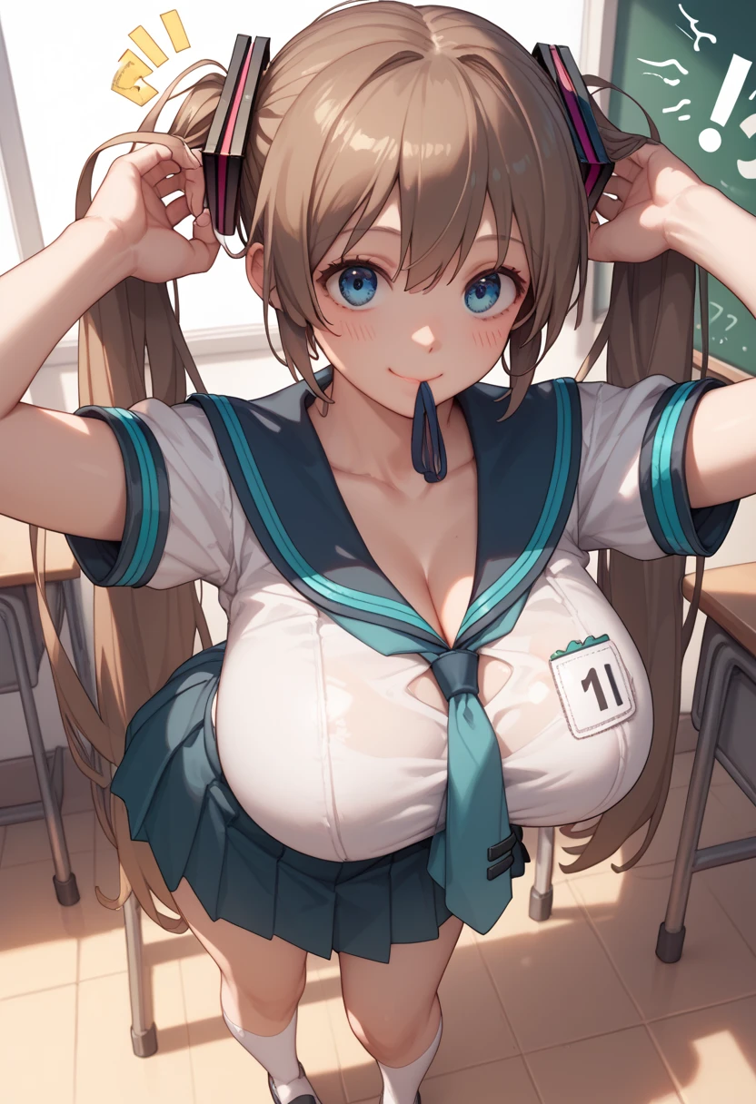 1girl, 10 years old, smile, small stature, (oppai_loli:1.3), (huge breasts:1.2), (completely nude:1.3), slender, classroom.
