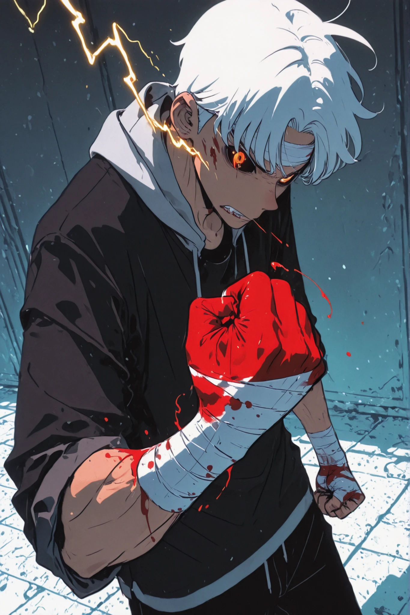 Handsome, Athletic, alone, male, Short spicky hair, long white hair, black orange eye, black shirt, white orange and black unzipped hoodie with rolled up sleeves, black pants, , intricate sketch, expressive eyes nose and mouth, simple pose, clench fist, blood on his fists , perfect Anatomy , ripped, Wraps bandages on his fist , hand perspective , dutch angle, wraps bandage on his fist, orange lightning