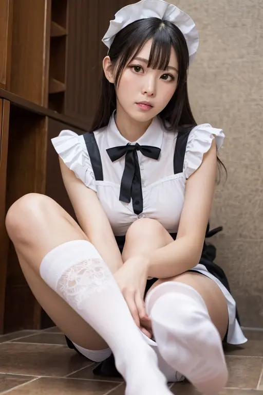 Pure Japanese young maid girl, wearing traditional British maid dress and accessories, stockings, high heels, vivid makeup, natural black hair styles, sitting and relaxing, sexual attractive, sweet smile, professional portrait photography, summer morning light,