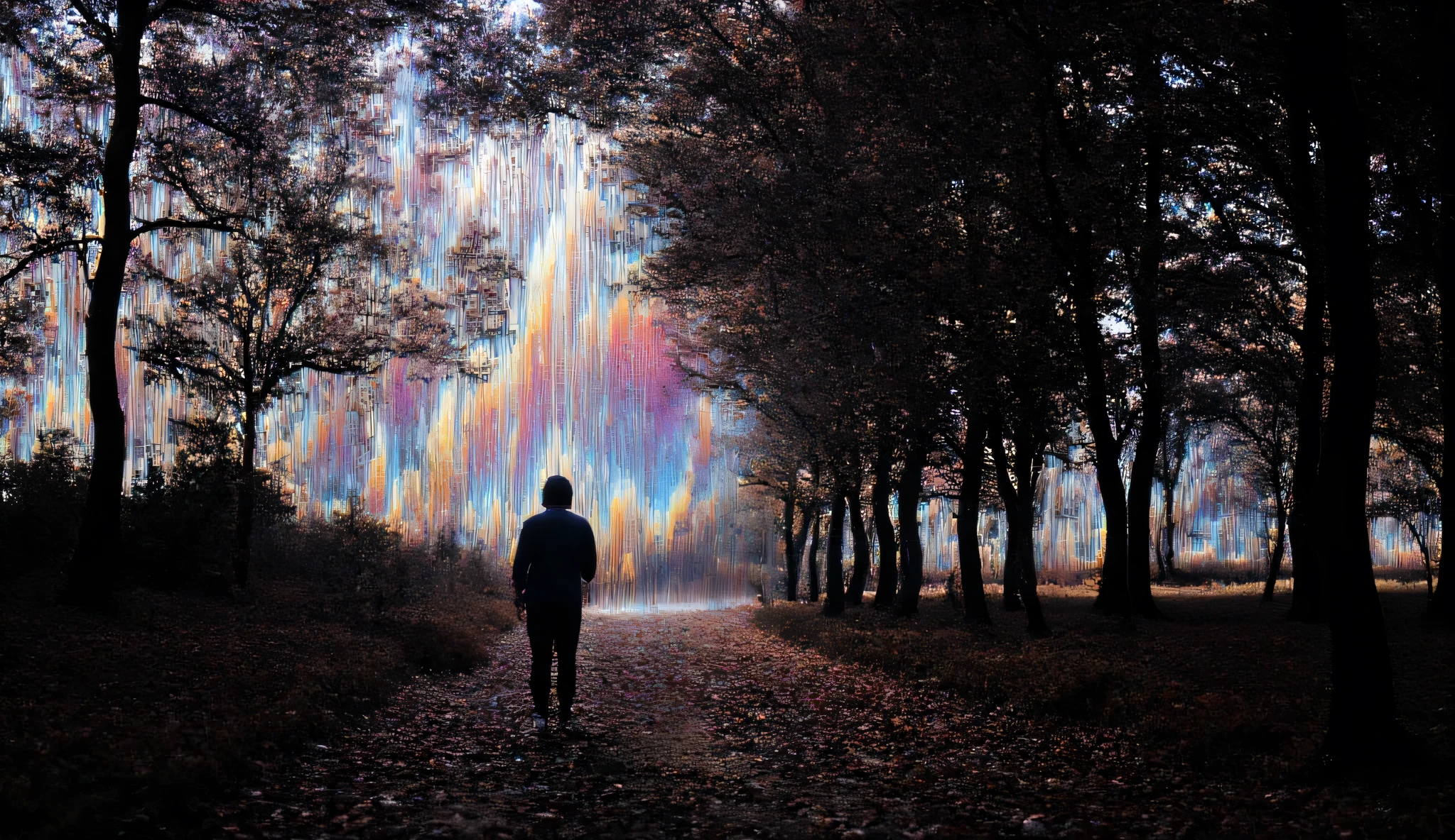 Fragmented reality, abstract landscape, surreal cityscape, broken system, dark ambience, high detail, hyper realistic, 4K, masterpiece.