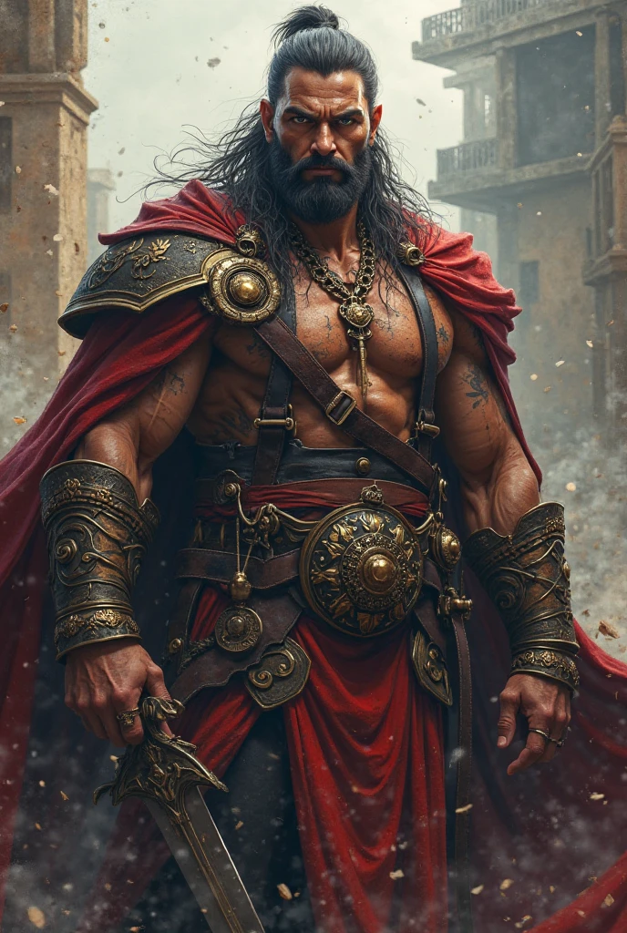 An Ottoman Janissary head and upper body that is aggressive and muscular with an Ottoman sword for a biker gang jacket as a logo