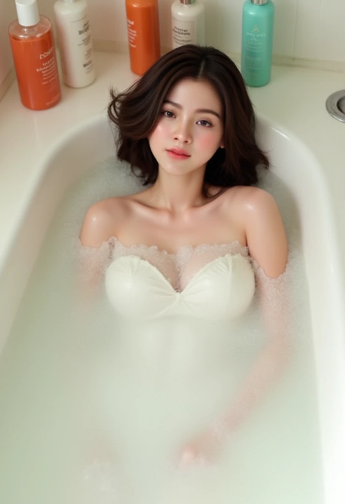 ((Best quality, 8k, Masterpiece :1.3)), 1girl, beautiful woman: 1.3, huge breasts: 1.2, (bathtub, wet clothes: 1.1), super delicate face, pale white clothes,