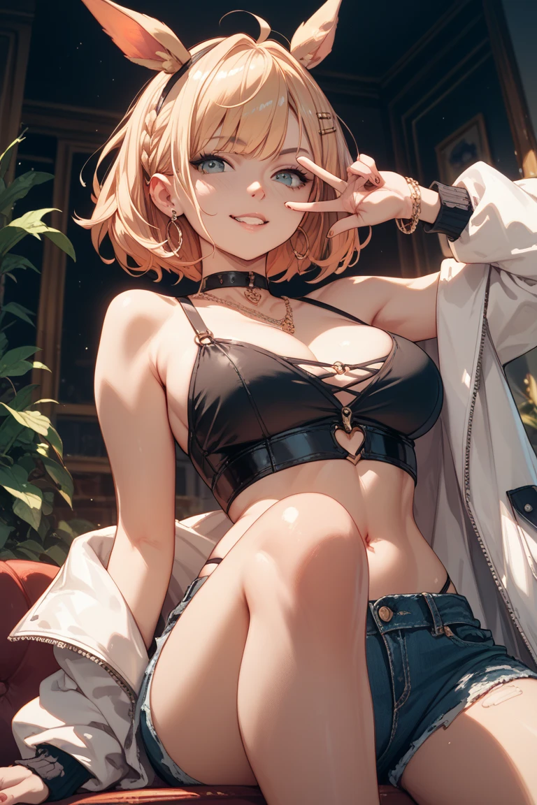 ((best quality)), ((masterpiece)), (detailed), 1girl, 8k_wallpaper, extremely detailed eyes, (large masterpiece digital art), (intricate details:1.3 ), (ultra-detailed:1.3), (sharp focus:1.3), (natural lighting:1.05), (vivid colors:1.3), (best quality:1.4), high quality, expressive cold cruel eyes, full body, detailed face with cold cruel features, ((blonde hair)), (gold eyes), {{dark skin}}, ({dark skinned female}), big breasts, huge chest, outlines of nipples under clothing, powerful strong and prominent muscles of the abdomen and legs, powerful arm muscles, a hard serious look, a predatory half-smile, she is wearing an open blue coat with gold shoulder straps with rolled up sleeves, a red tight shirt, short denim mini shorts, short Victorian style boots, sitting on a white chair in the middle of a wide veranda with oriental furniture and an interior overlooking the city at night, in cyberpunk style and fantasy,