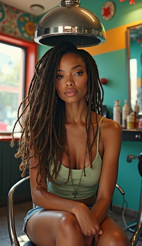 A stunningly beautiful African American woman with long brown dreadlocks with highlights on the ends sitting on a pink sofa with a framed photo of a handsome African American 2 man, she is looking sexy & sensual, realistic