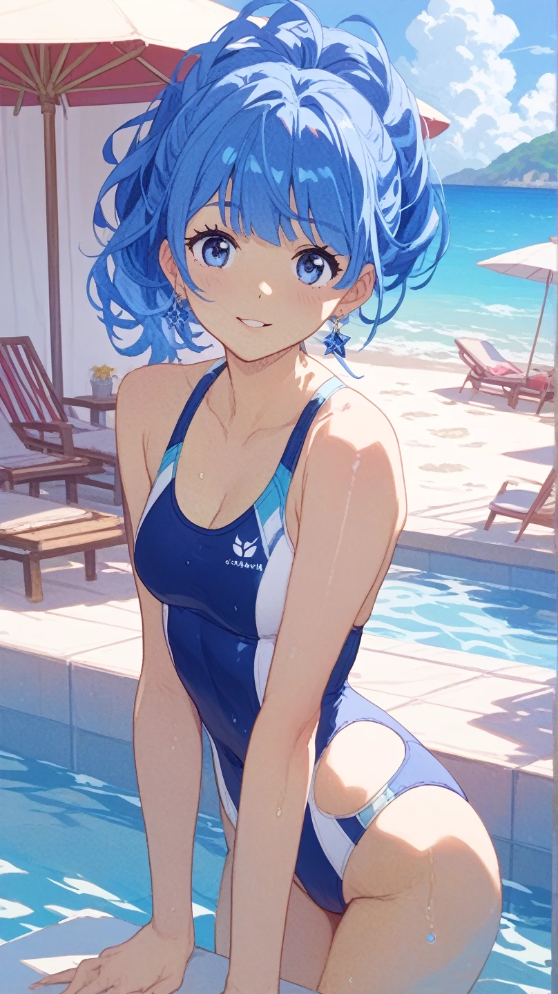 (Top quality illustrations), (pretty girl), (1 girl、17 years old、Top quality illustrations), (Kind eyes、blue eyes)、Bright blue hair、Short Bob Hair、Competitive swimming suits、High leg、Cowboy Shot、sexy、Medium chest、Outdoor swimming pool、School swimming pool。blue sky、smile