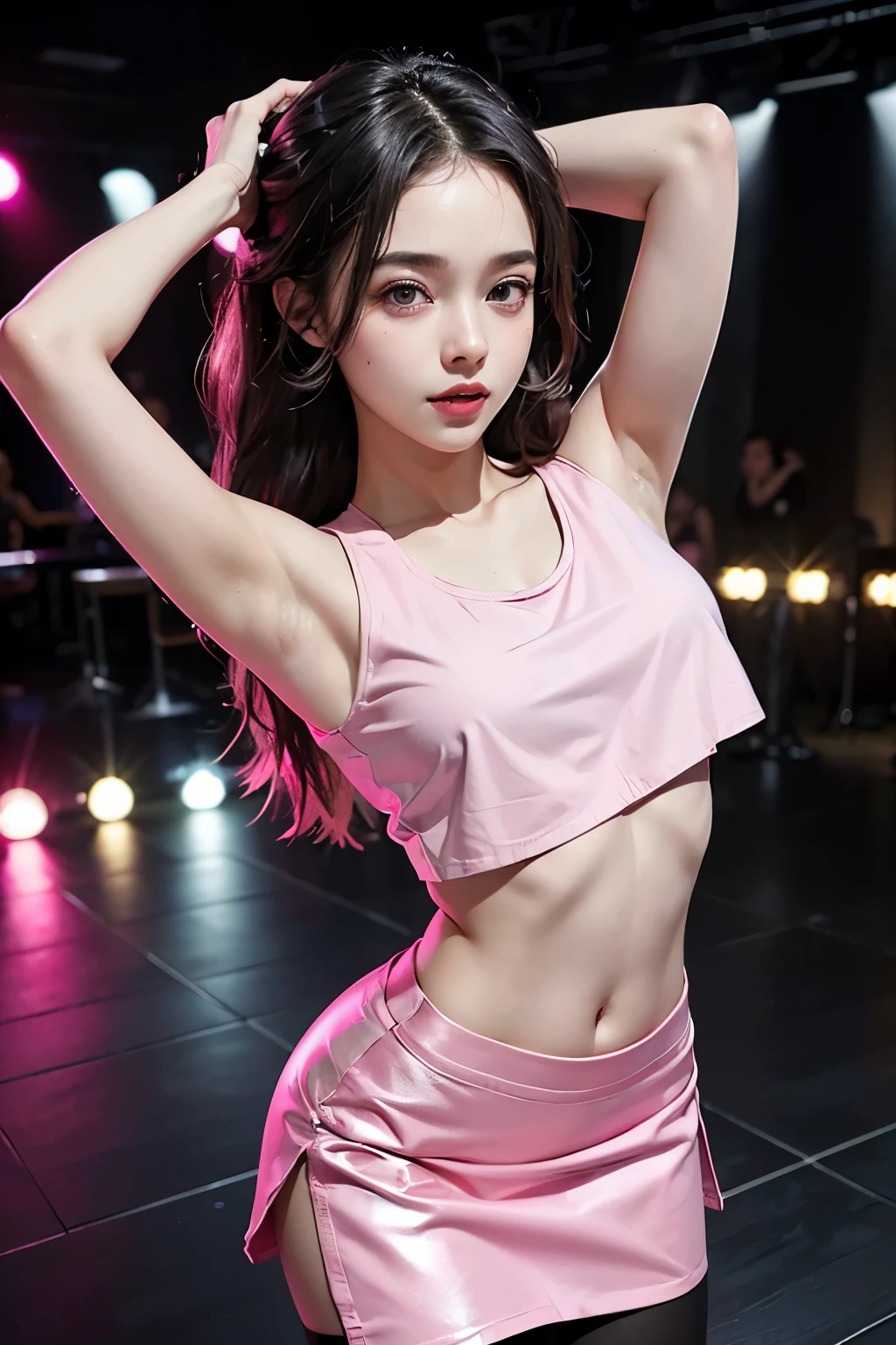 8k, masterpiece, original photo, best quality, lifelike, Extremely detailed CG unified 8k wallpaper, depth of field, movie lighting, lens flare, Ray tracing, (extremely beautiful face, beautiful lips, beautiful eyes), Intricately detailed face, ((Super fine skin)) 1 girl, in the darkness, deep shadow, Beautiful Korean girl, kpop idol, 1 girl, (very slim slender fit-muscled body:1.3), ((looking at the audience)),(bright smile:1.3), (pink leggings), (midnight, dark night, (neon lights), (blurred background), dim lights), (no one in the background:1.3), beautiful earrings, bracelet, necklace, pantyhose, clear eyes, walk , frontal shot, (pale skin), (big eyes), facing forward, (full-body shot), ((silk hot pink shirt)), (brown hair), ((tie shirt)), open navel, (looking at the audience:1.3) very slim, medium breasts, (camel toe), Thick thighs, look back