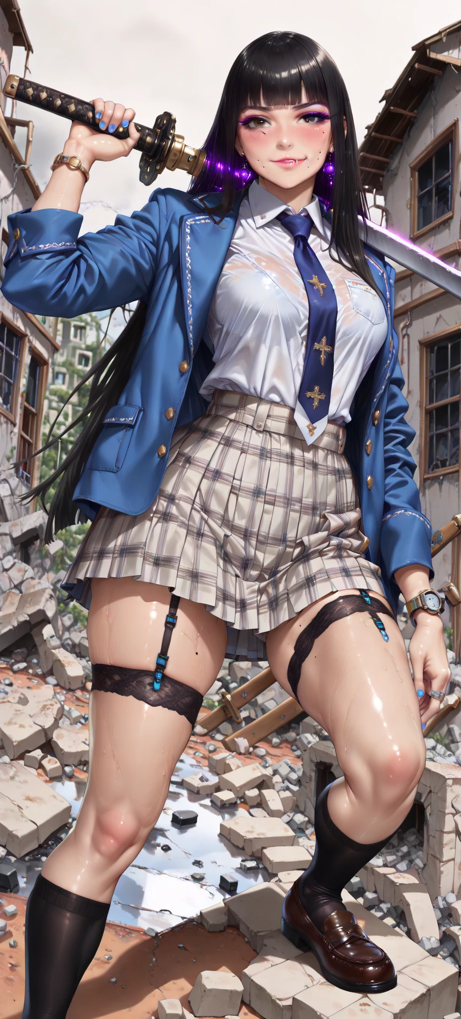 Dark blue high socks　Magic Mix Real、(RAW Photos:1.2)、(Photorealistic:1.4)、The beauty of beautiful details　Laughter、Big Ass、Blonde、((I can see your pants))(Panty shot)Earrings　Eyelashes　Beautiful and fine details、Large file size、Ultra-detailed、High resolution、Transcendental beauty　Highest quality、masterpiece、、(Riders jacket))、Extremely detailed representation, In detail、Highly detailed facial cinematic lighting、17-year-old girl、Positive、((Dynamic Pose)))、(Lean back:1.2), (Open Stance))、(From below:1.5), (Under the skirt:1.5), Check Pleated Skirt、Sexy upward glance, (Spread your legs and show me your panties:1.5), (Black see-through panties:1.5), (Low rise:1.5), (Long purple hair:1.5), (Healthy Body:1.5), (High leg tiny panties,,,,,,:1.5), (Looks like see-through panties :1.3), (Pubic hair is visible:1.5), (Browsing Caution:1.5), (Shyness:1.5), (Black long boots:1.5)