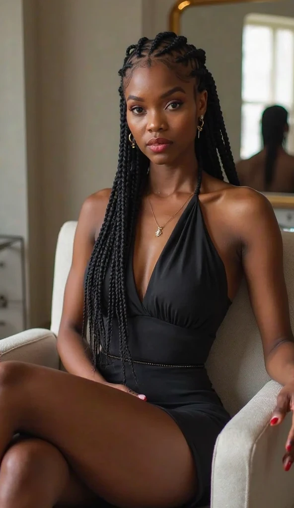 Mulher de Araffe sentada em uma cadeira em uma sala chique, Young lady, mulher jovem negra, Ela tem pele marrom oliva, com pele parda, jovem mulher negra, linda senhora, beleza estonteante, beautiful city black woman only, mulher linda, gorgeous female, ela tem cerca de 2 0 anos, ela tem cerca de 20 anos, vestido justo, mulher bonito
