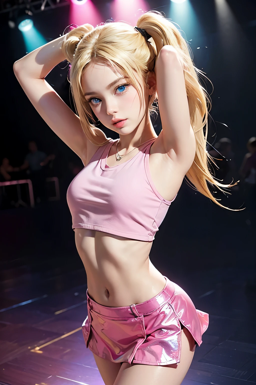 (masterpiece), best quality, expressive eyes, perfect cute face, 18yo girl, cute, short wavy hair, platinum blonde, with Pigtails, blue eyes, freckles on her face, wearing a long hood, mini kinky skirt, visible pantie, sexy pose, fullbody. granblue fantasy style.