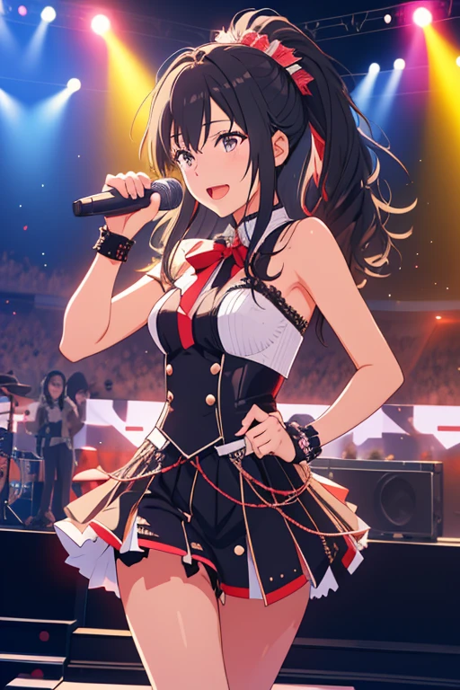 (Top resolution),1womanl,Anime,Black Leotard,Black mini skirt,honey ribbon,Dancing on stage,icy