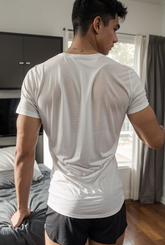 A sexy man with black hair, and short beard, handsome face and a beautiful ass